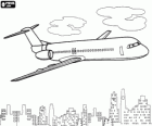 Commercial airliner for passengers flying over a city