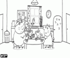 Peppa Pig and her family eating breakfast at the kitchen table