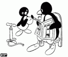 Pingu wants to inflate a ball, his father is reading the newspaper