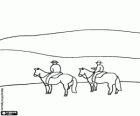 Cowboys on horseback in the immensity of the desert