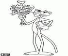 The Pink Panther with a bouquet of flowers and a heart-shaped chocolates box