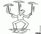 Juggler with three dishes and three sticks on a balance roller