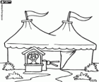 The circus tent with a clown controlling the access