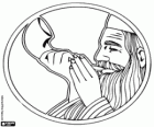 Man playing the shofar. Wind musical instrument typical from Jewish holidays