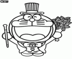 Doraemon and a bouquet of roses. Dressed in elegant suit with hat