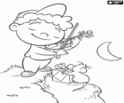 Quincy is playing the violin to the Moon. A mouse gives a gift to the Moon