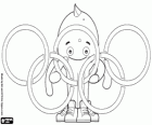 A coloring page of the cute octopus Pypus playing with olympic rings