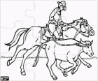 Puzzle Cowboy riding a horse and catching a head of cattle with the lasso