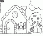 Hansel and Gretel eating the candies from the gingerbread house