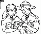 Two scouts are learning to make knots with a rope