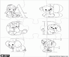 Puzzle of Capital letters from A to F with the Alphabet babies and animals