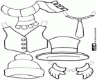 Clothes to dress up the snowman: hat and beanie, scarf and tie, gloves, vest