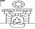 A coloring page with a fireplace decorated for Christmas holidays