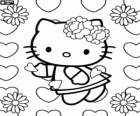 Hello Kitty among flowers and hearts