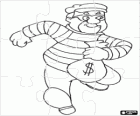 Puzzle of a thief fleeing the police with the money bag