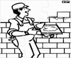 Puzzle of bricklayer building a brick wall