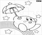 Puzzle of Kirby with an umbrella flying among the stars and the rainbow