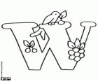 Letter W with a bird and a few small fruits