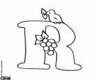 Capital letter R with a bird and small fruits