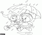 Noddy and her friend Tessie Bear with an umbrella under the rain