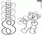Number 8 and the teddy bear Baby Bear with eight cowboy hats
