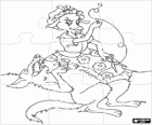 Puzzle of mother goat sewing the belly of the Wolf. Puzzle of The Wolf and the seven little goats