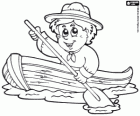Boy scout in a wooden boat with oar