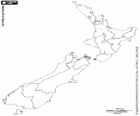 Map of New Zealand. Capital: Wellington. Country made up of two large islands and many smaller islands in the southwest of Pacific Ocean