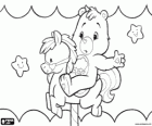 One of the Care Bears riding on a horse of the carousel