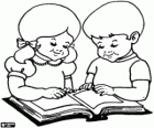 The children looking at the illustrations in a book