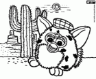 A Furby and a cactus in the desert with mountains in the background