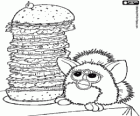 A hungry Furby with a huge burger
