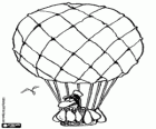 A hot air balloon flying with a passenger in the basket