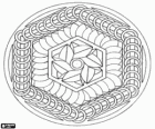 Circular mandala with hexagons formed by rings and leaves