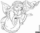 A girl fairy with a flower in her hair, a coat, the magic wand and a bird