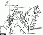 A knight standing with the shield and the spear beside his horse