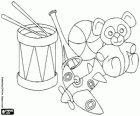 Some toys: a drum, a trumpet, a ball, a plane and a teddy bear