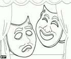 World Theatre Day, March 27. A theatrical stage with the masks of comedy and tragedy