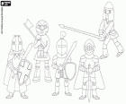 The middle ages warriors ready for battle with helmets, weapons and armor