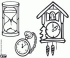 Three classic clocks: an hourglass, a pocket watch, a cuckoo clock