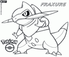 Fraxure, Onondo in Japanese, a dragon Pokémon. It is an evolution of Axew