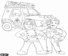 Fireman Sam and Tom with the all-terrain vehicle, the jeep. Characters from Fireman Sam