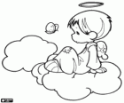 A little angel of Precious Moments sitting on a cloud