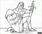 Puzzle of a medieval warrior kneeling with sword and shield