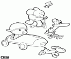 Pocoyo and his friends with their vehicles