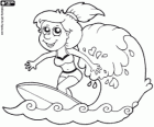 A young woman riding the waves on her surfboard