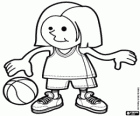 A girl, a basketball player bounces the ball