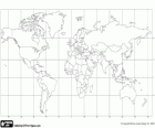 World map with countries boundaries. Mercator projection's map with the lines of parallels and meridians