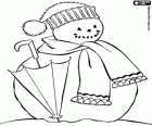 A snowman with a wool cap, a wool scarf and an umbrella