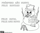 Christmas and New Year greeting with a snowman, in Spanish and Portuguese